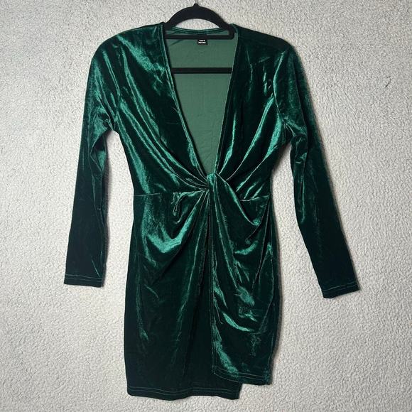 Shein Dress Womens M Green Velvet V Neck Wrap Holiday Xmas‎ Party Formal Dress - Picture 1 of 12